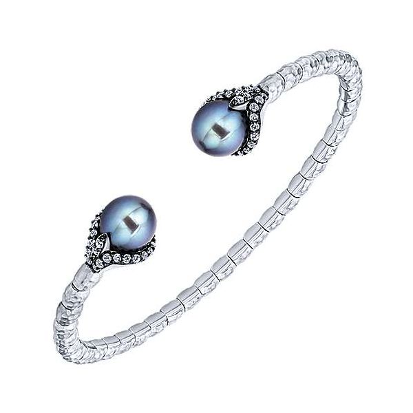 925 Sterling Silver-Stainless Steel Black Pearl and White Sapphire Open Cuff Bangle Confer’s Jewelers Bellefonte, PA