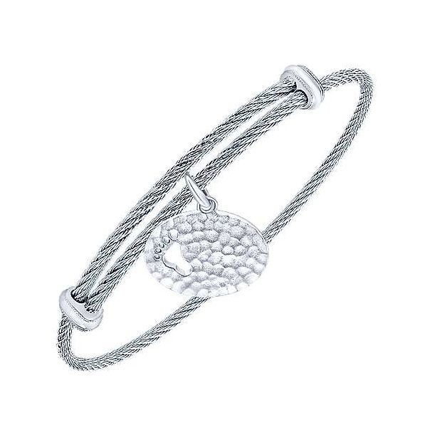 Adjustable Twisted Cable Stainless Steel Bangle with Sterling Silver Hammered Footprint Charm Confer’s Jewelers Bellefonte, PA