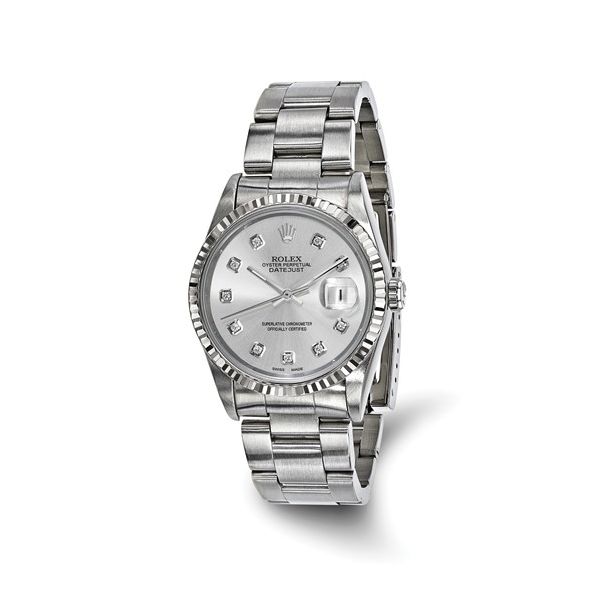 Swiss Crown™ USA Pre-owned Rolex-Independently Certified Steel 36mm Oyster Datejust Silver Diamond Dial and 18k Fluted Bezel Watch Conti Jewelers Endwell, NY