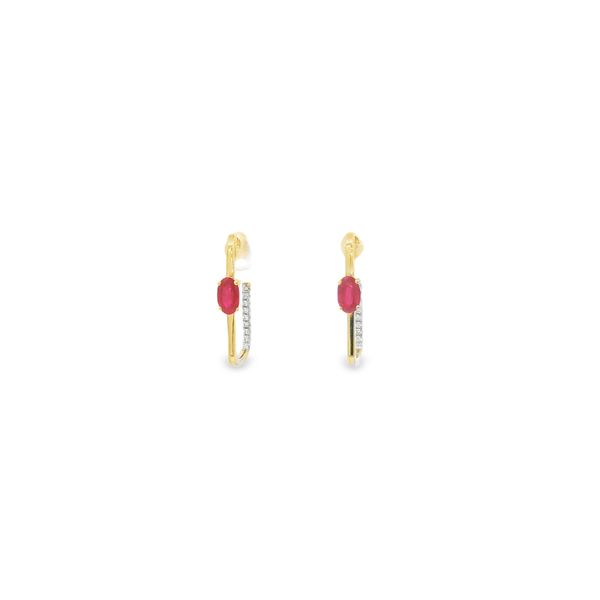 .70ctw Ruby & .07 Diamond J-Hoop Earrings Crafted in 14k Yellow Gold Conti Jewelers Endwell, NY