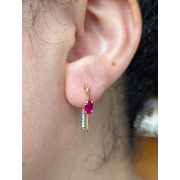 .70ctw Ruby & .07 Diamond J-Hoop Earrings Crafted in 14k Yellow Gold Image 2 Conti Jewelers Endwell, NY