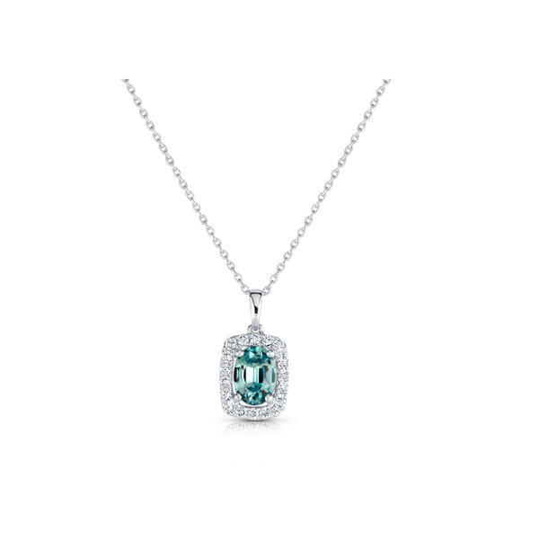 7x5mm Blue Zircon & .17 Diamond Halo Necklace Crafted in 14k White Gold 18in Conti Jewelers Endwell, NY