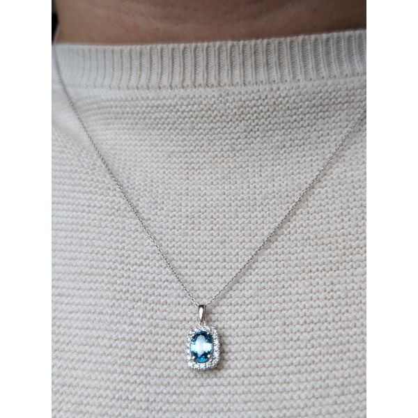 7x5mm Blue Zircon & .17 Diamond Halo Necklace Crafted in 14k White Gold 18in Image 2 Conti Jewelers Endwell, NY