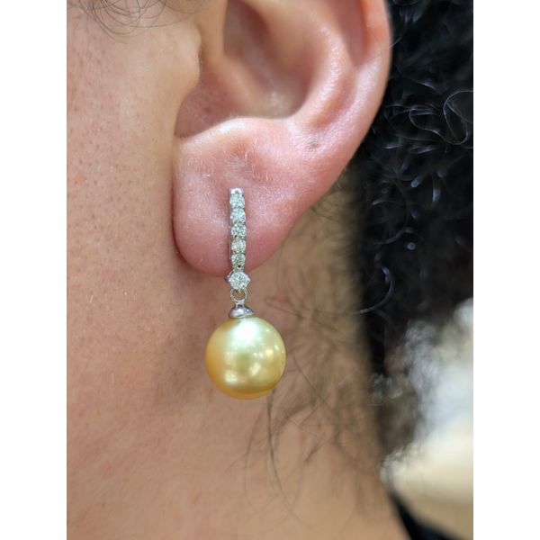 18K White Gold 10.5mm Golden South Sea Pearl & 0.30ctw Diamond Drop Earrings Image 2 Conti Jewelers Endwell, NY