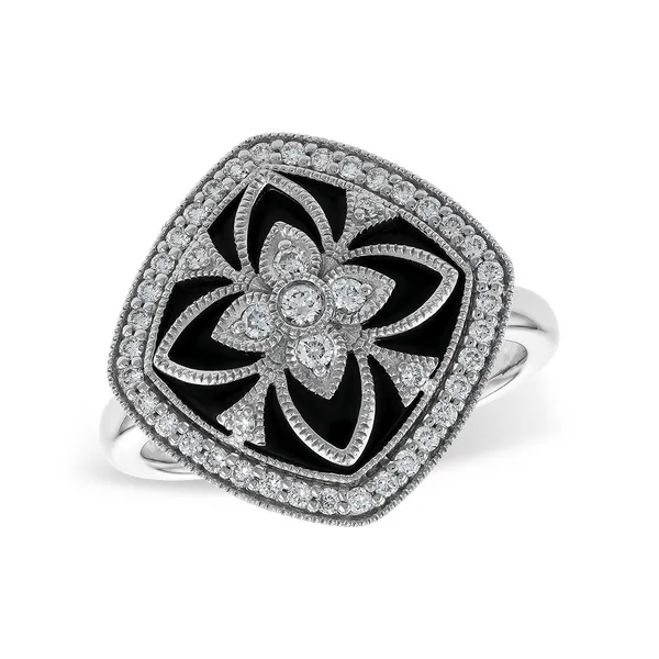 14k White Gold 0.3cttw Onyx & Diamond Art Deco Ring Conti Jewelers Endwell, NY