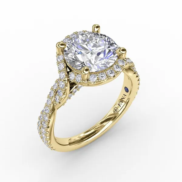 Contemporary Round Diamond Halo Engagement Ring With Twisted Vine Shank in 14k Yellow Gold Conti Jewelers Endwell, NY