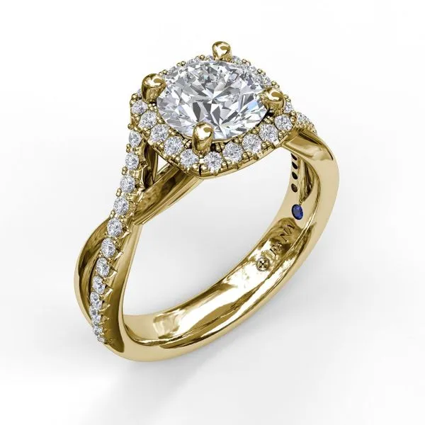 Cushion Halo With Diamond And Gold Twist Engagement Ring in 14k Yellow Gold Conti Jewelers Endwell, NY