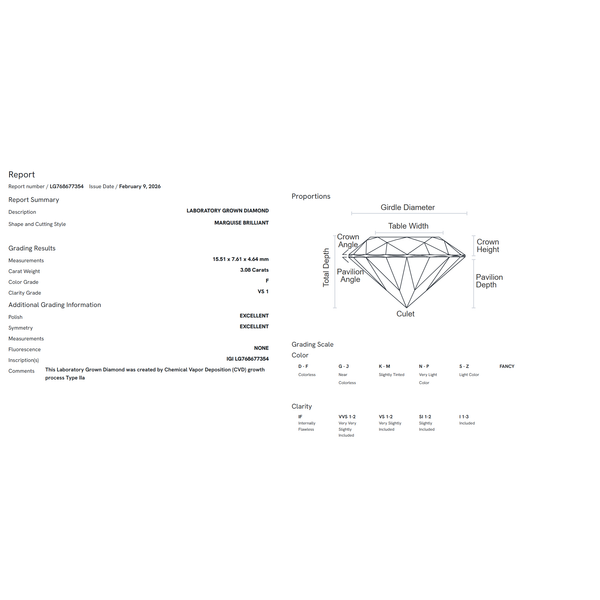 3.08ct Lab Dia MQ F/VS1 IGI#768677354 15.51x7.61x4.64mm Conti Jewelers Endwell, NY