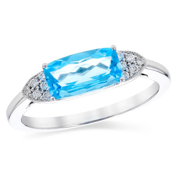 East to West Swiss Blue Topaz & Diamond Ring in 14k White Gold Conti Jewelers Endwell, NY