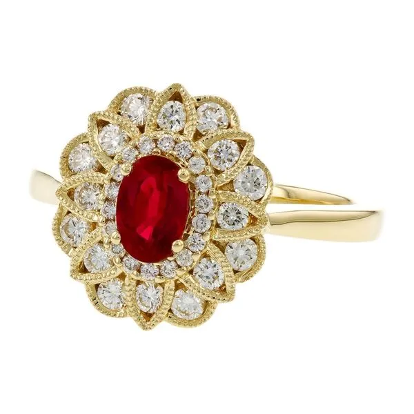 Vintage-Inspired Ruby Ring with Filigree Halo in 14k Yellow Gold Image 2 Conti Jewelers Endwell, NY