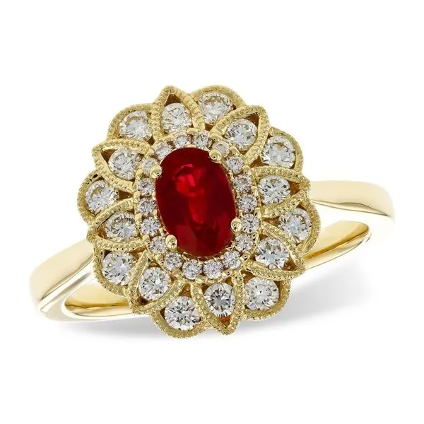 Vintage-Inspired Ruby Ring with Filigree Halo in 14k Yellow Gold Conti Jewelers Endwell, NY