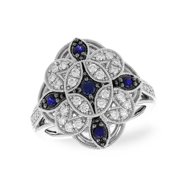 14k White Gold 0.55cttw Sapphire & Diamond Milgrain Ring Conti Jewelers Endwell, NY