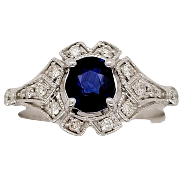 Vintage-Inspired Blue Sapphire & Diamond Halo Ring in 14k White Gold Conti Jewelers Endwell, NY