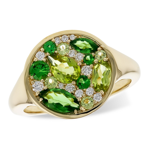 14k YG 1.50cttw Dia, Tsav & Peridot Cluster ring Conti Jewelers Endwell, NY