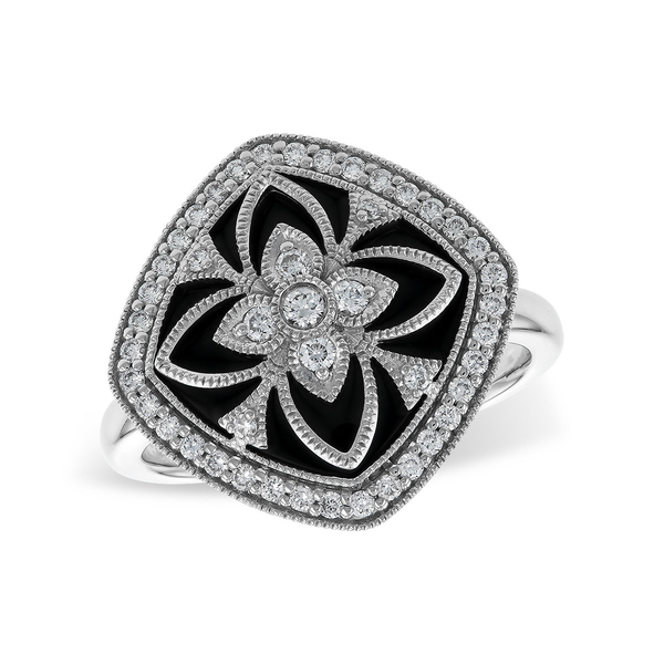 14k White Gold 0.3cttw Onyx & Diamond Art Deco Ring Conti Jewelers Endwell, NY