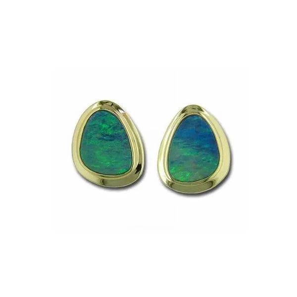 14K YELLOW GOLD AUSTRALIAN OPAL DOUBLET WIDE BEZEL EARRINGS Conti Jewelers Endwell, NY