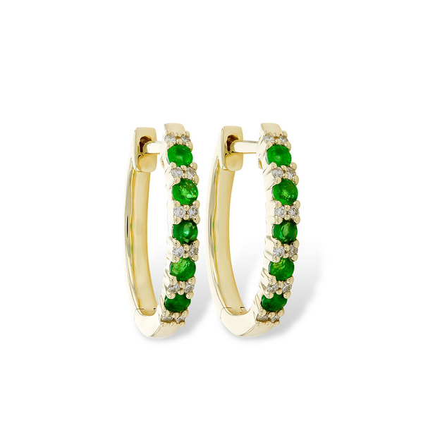 Emerald & Diamond Hoop Huggie Earrings in Yellow Gold Conti Jewelers Endwell, NY