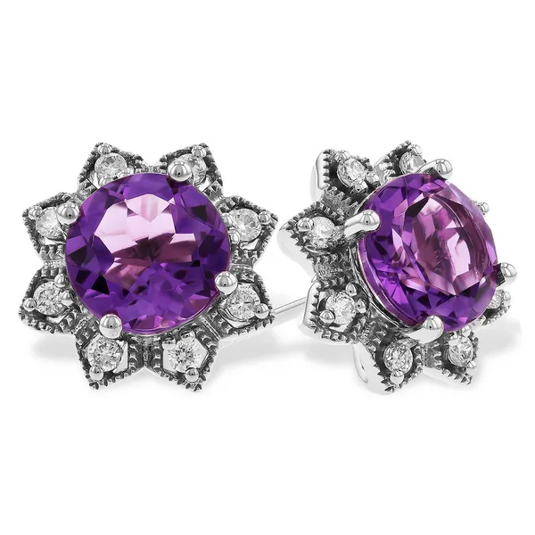 Amethyst & Diamond Flower Stud Earrings in 14k White Gold Conti Jewelers Endwell, NY