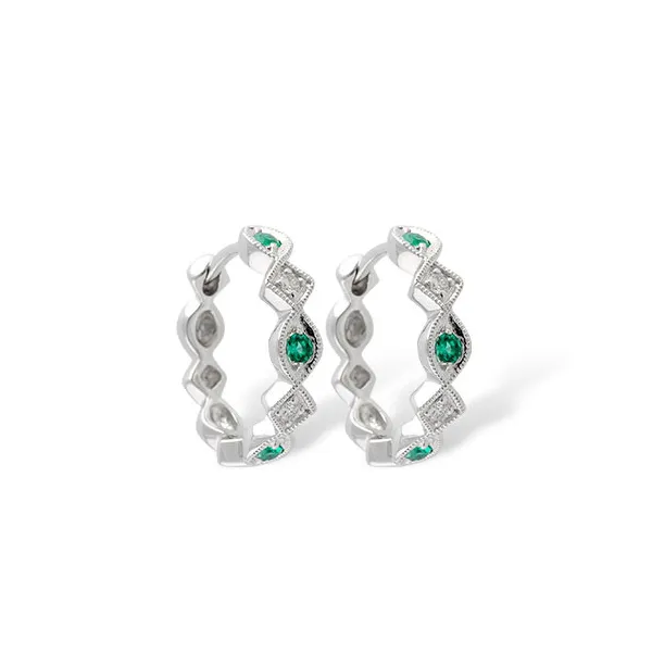 Emerald & Diamond Small Hoop Earrings in 14k White Gold Conti Jewelers Endwell, NY