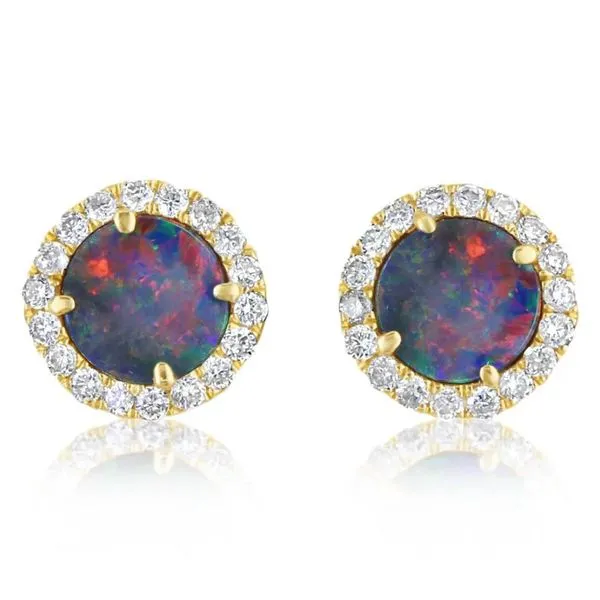 Australian Opal Doublet & Diamond Halo Stud Earrings in 14k Yellow Gold Conti Jewelers Endwell, NY
