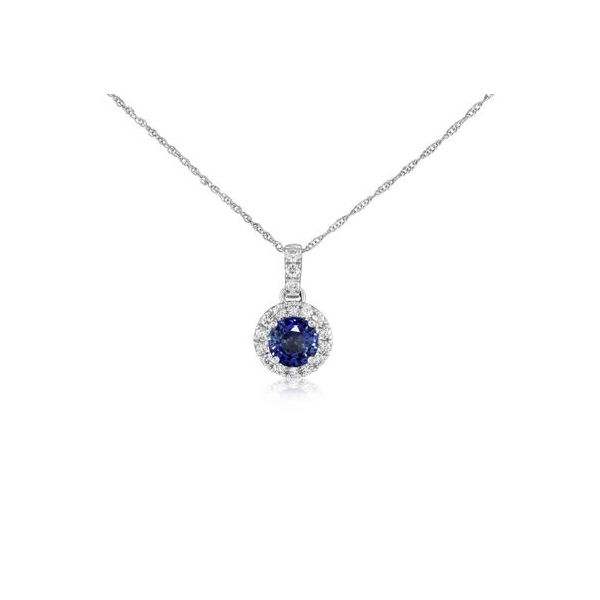 Sapphire & Diamond Halo Pendant in 14k White Gold Conti Jewelers Endwell, NY