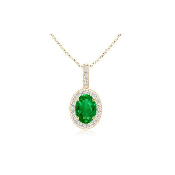 Vintage Style Oval Emerald Pendant with Diamond Halo Conti Jewelers Endwell, NY
