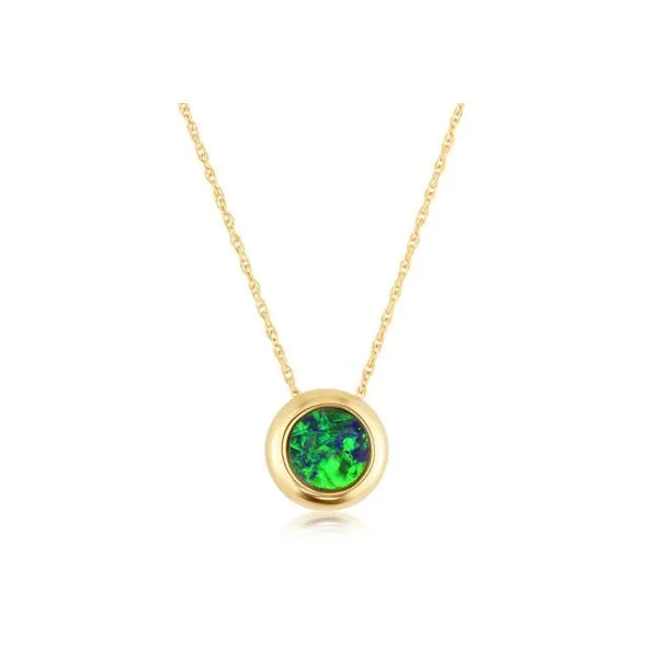 14K YELLOW GOLD 6MM ROUND AUSTRALIAN OPAL DOUBLET PENDANT WITH CHAIN Conti Jewelers Endwell, NY