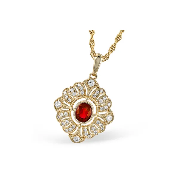 Vintage Inspired Ruby & Diamond Filigree Necklace in 14k Yellow Gold Conti Jewelers Endwell, NY