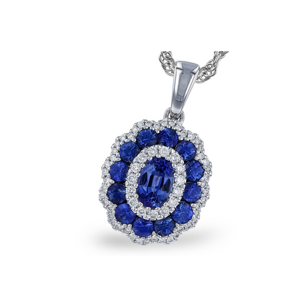 Sapphire and Diamond Double Halo Necklace in 14k White Gold Conti Jewelers Endwell, NY
