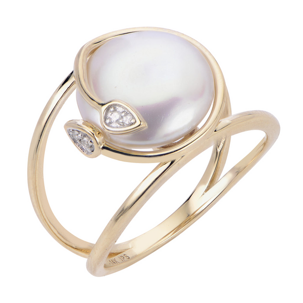 Freshwater Coin Pearl and Diamond Ring in 14k Yellow Gold Conti Jewelers Endwell, NY