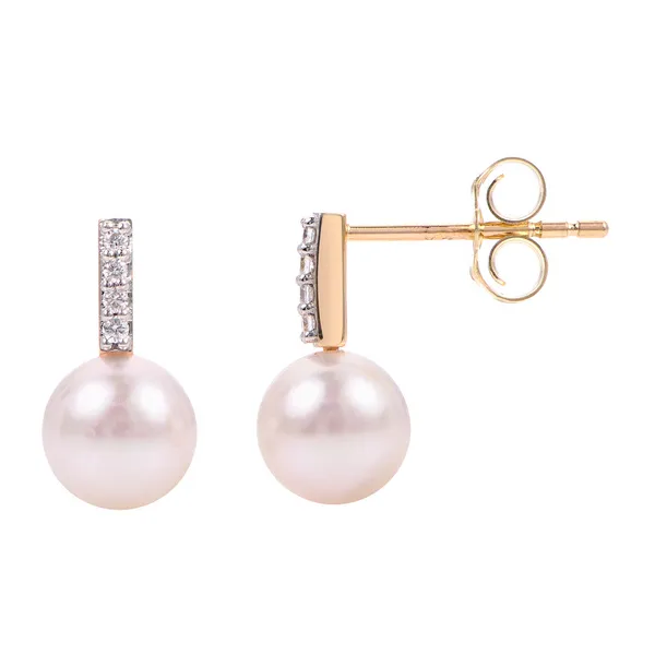 Akoya Pearl & Diamond Stud Earrings in 14k Yellow Gold Conti Jewelers Endwell, NY