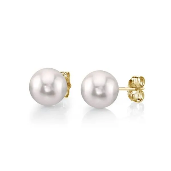 8mm White Akoya Pearl Stud Earrings in 14k Yellow Gold Conti Jewelers Endwell, NY