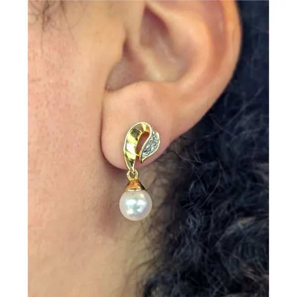 Japanese Cultured Pearls and Diamond Drop Earrings in 18k Yellow Gold Image 2 Conti Jewelers Endwell, NY