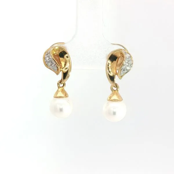 Japanese Cultured Pearls and Diamond Drop Earrings in 18k Yellow Gold Conti Jewelers Endwell, NY