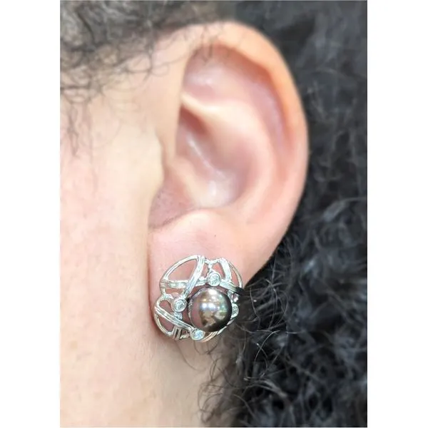 7.5mm Japanese Cultured Pearls and Diamond Stud Earrings in 18k White Gold Image 2 Conti Jewelers Endwell, NY