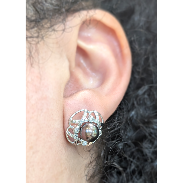 7.5mm Japanese Cultured Pearls and Diamond Stud Earrings in 18k White Gold Image 2 Conti Jewelers Endwell, NY