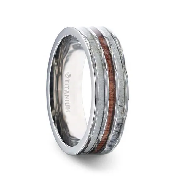 TRIPOLI Wood Inlaid Titanium Flat Polished Finish Men's Wedding Ring With White Double Deer Antler Edges - 8mm Conti Jewelers Endwell, NY