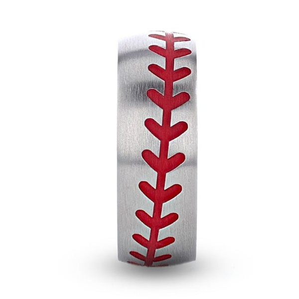 DIMAGGIO Titanium Brushed Finish Ring with Red Baseball Stitching Pattern - 8mm Image 2 Conti Jewelers Endwell, NY