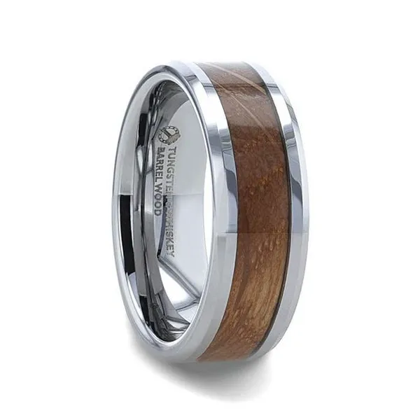DISTILLED Whiskey Barrel Inlaid Tungsten Men's Wedding Band With Beveled Polished Edges Made From Genuine Whiskey Barrels - 8mm Conti Jewelers Endwell, NY