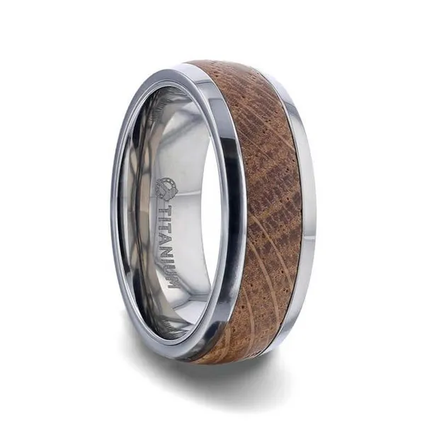 STAVE Whiskey Barrel Inlaid Titanium Men's Wedding Band With Domed Polished Edges Made From Genuine Whiskey Barrels - 8mm Conti Jewelers Endwell, NY