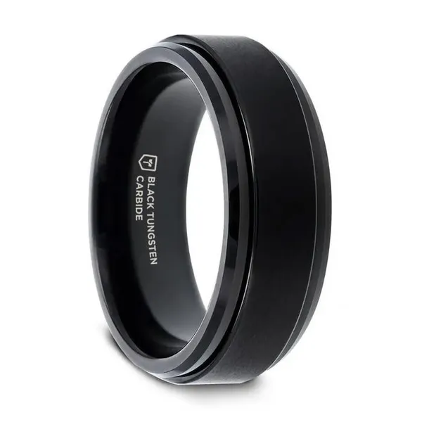 REVOLVE Black Tungsten Brushed Finish Spinner Ring Polished Base Spinning Wedding Band - 6mm & 8mm Conti Jewelers Endwell, NY