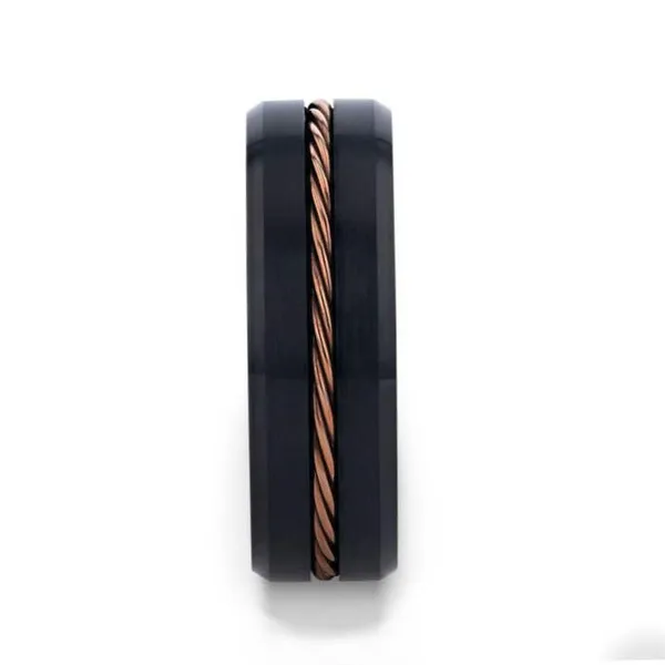 ADELARD Rose Gold Braided Brushed Center Black Tungsten Men's Wedding Band With Polished Beveled Edges - 8mm Image 2 Conti Jewelers Endwell, NY