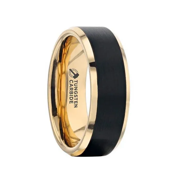 GASTON Gold Plated Tungsten Polished Beveled Ring with Brushed Black Center - 6mm 8mm Conti Jewelers Endwell, NY