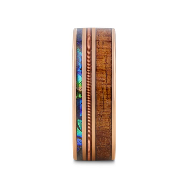 MOANA Smoked Rose Gold Tungsten Ring with Hawaiian Koa Wood Abalone & Guitar String - 8mm Image 2 Conti Jewelers Endwell, NY