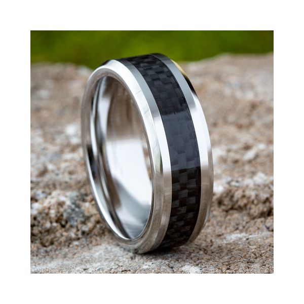 Men's 8mm Comfort Fit Wedding Band in White Cobalt and Black Carbon Fiber Image 2 Conti Jewelers Endwell, NY