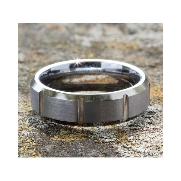Men's 7 MM Wedding Band with Beveled Edges in Tungsten Image 2 Conti Jewelers Endwell, NY