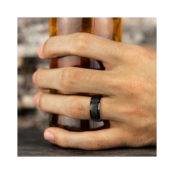 Men's 9mm Cross Patterned Band in Black Titanium Image 2 Conti Jewelers Endwell, NY