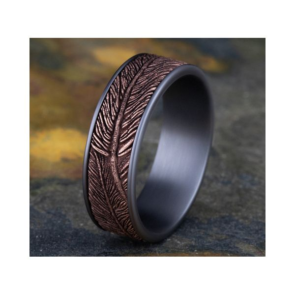 Feather Patterned Men's Wedding Band in Grey Tantalum & 14k Rose Gold Image 2 Conti Jewelers Endwell, NY
