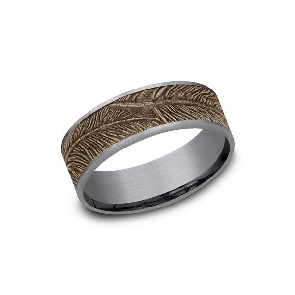 Feather Patterned Men's Wedding Band in Grey Tantalum & 14k Rose Gold Conti Jewelers Endwell, NY