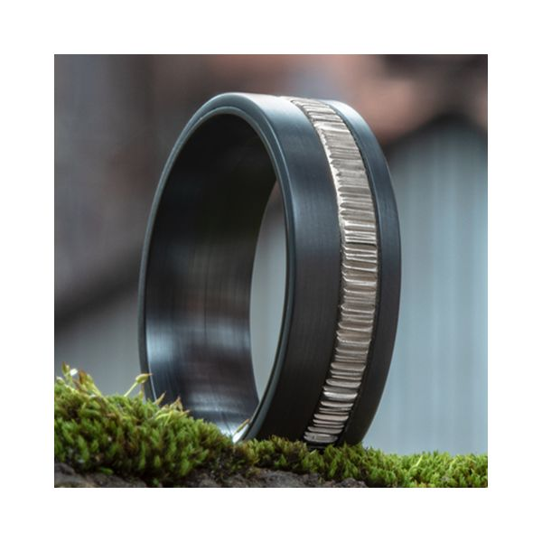 Textured Men's Wedding Band in Darkend Tantalum & 14k White Gold Image 2 Conti Jewelers Endwell, NY